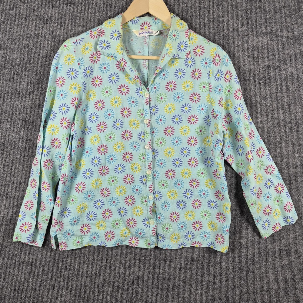 Fresh Produce Women S Blouse Floral 100% Linen Button Front Blue Top Flowers